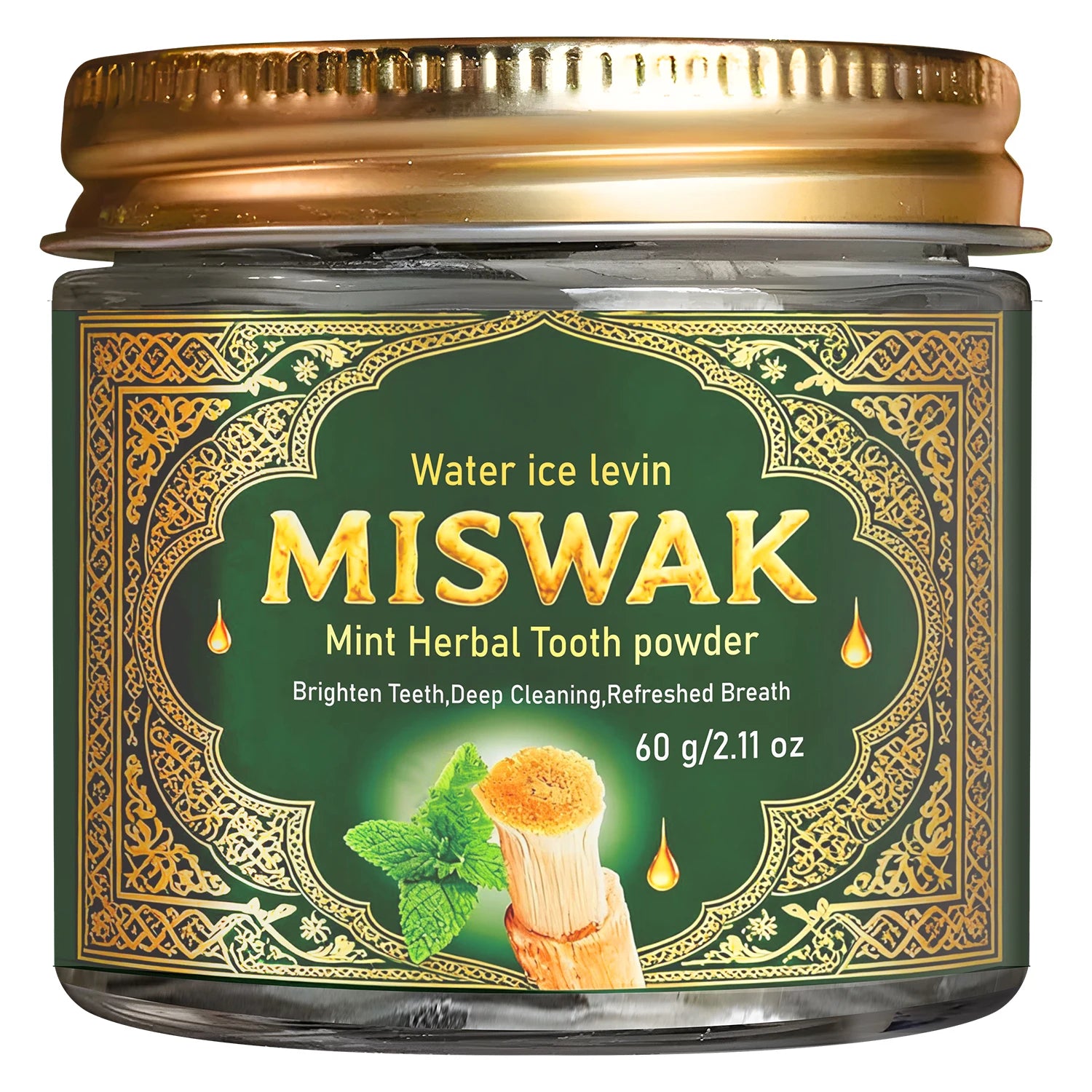 MISWAK Mint Herbal Tooth Powder, Deep Cleaning & Brightening with Charcoal & Hyaluronic Acid for Fresh Breath Qme YELLOW