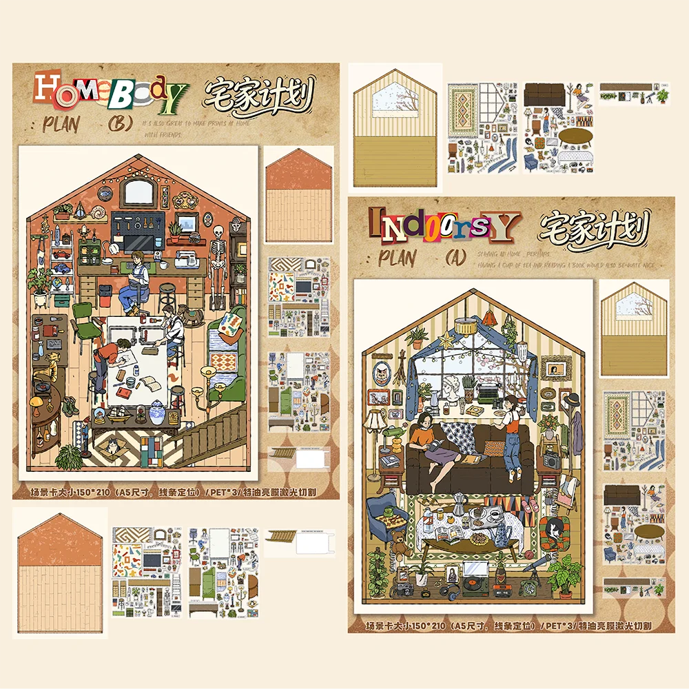 Cartoon Home stay plan DIY 3D Sticker Pocket Cabin Scene Stacking and Pasting Festival Birthday Gift for Student Stationery Qme AB