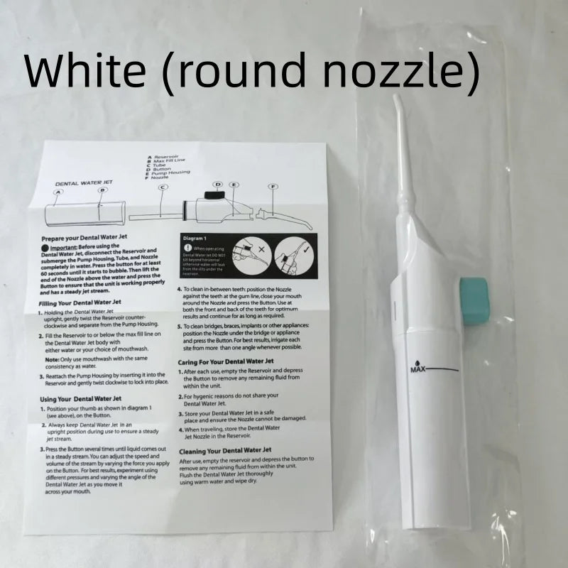 Manual Pressure Portable Dental Cleaner Water Jet Floss Tooth Pick Jet Tip Teeth Cleaning Dental Stone Remover Qme white round