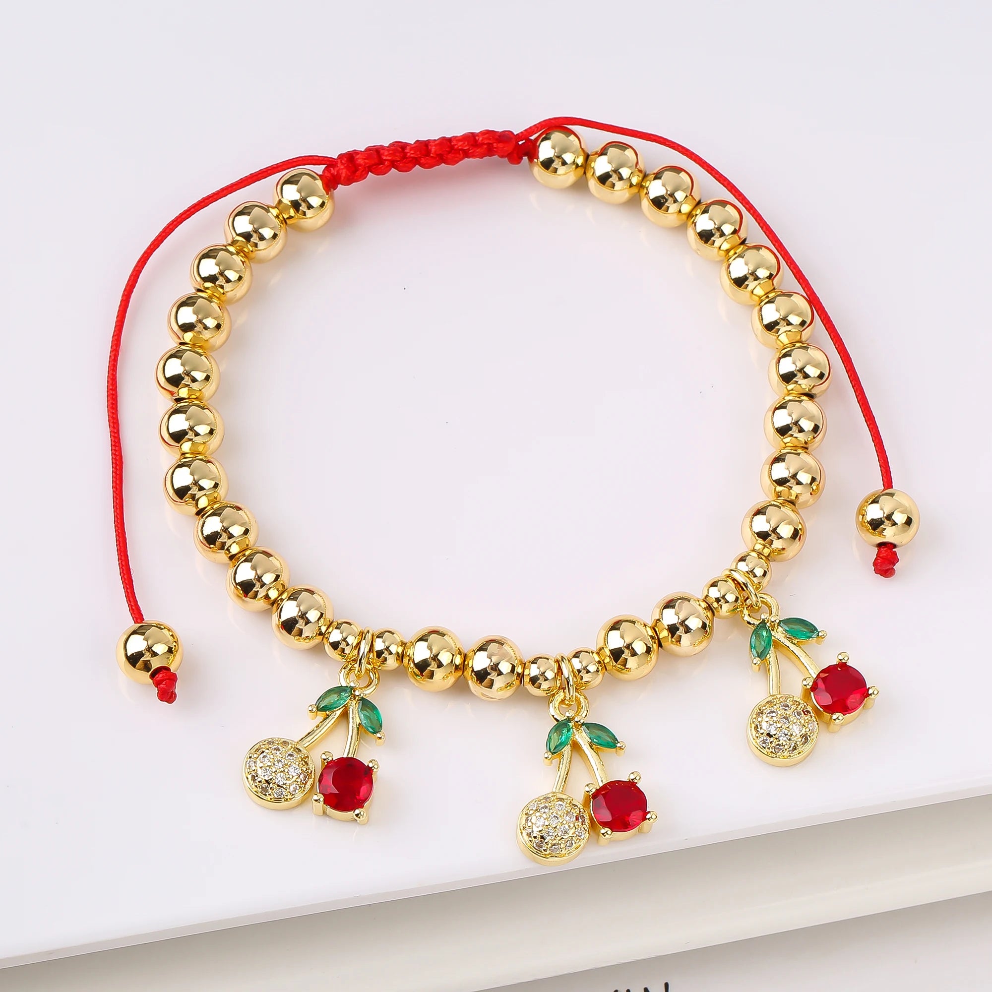 Gold-plated Copper Bead Chain Braid Crystal Red Cherry Bracelet Woman
