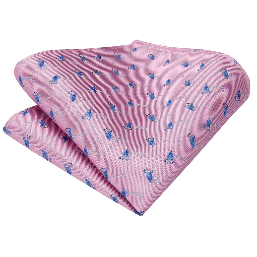 Hi-tie Designer Pink Blue Flamingo Print Silk Ties Men Handkerchief Qme