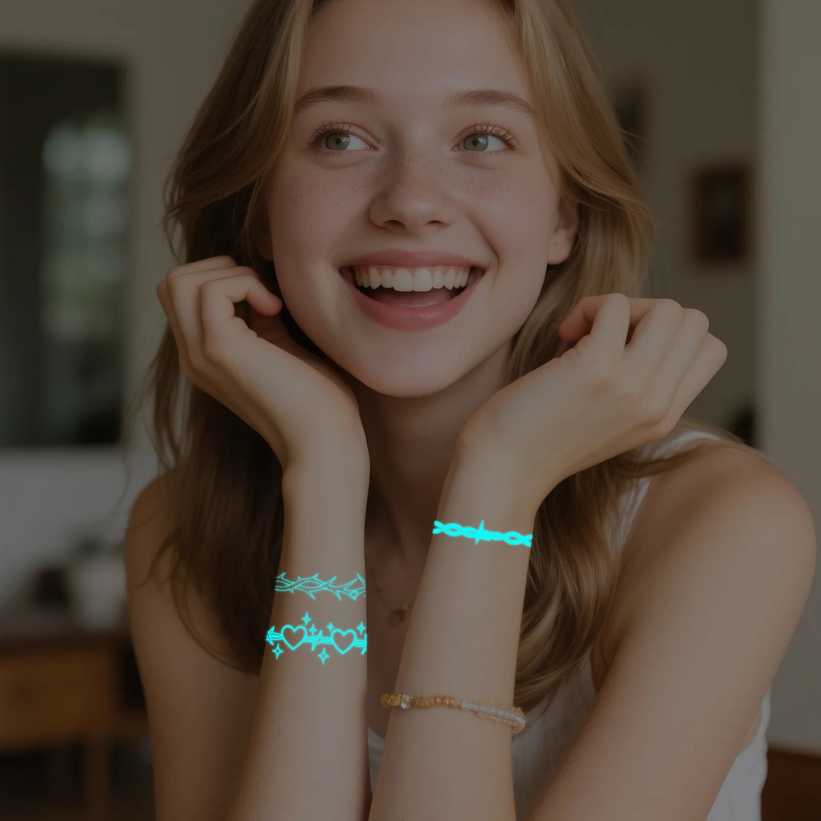 A 6/9pcs Blue Luminous Waterproof Temporary Tattoo Sticker Geometric Butterfly Flower Moon Women Men Arm Body Art Fake Tattoos Qme