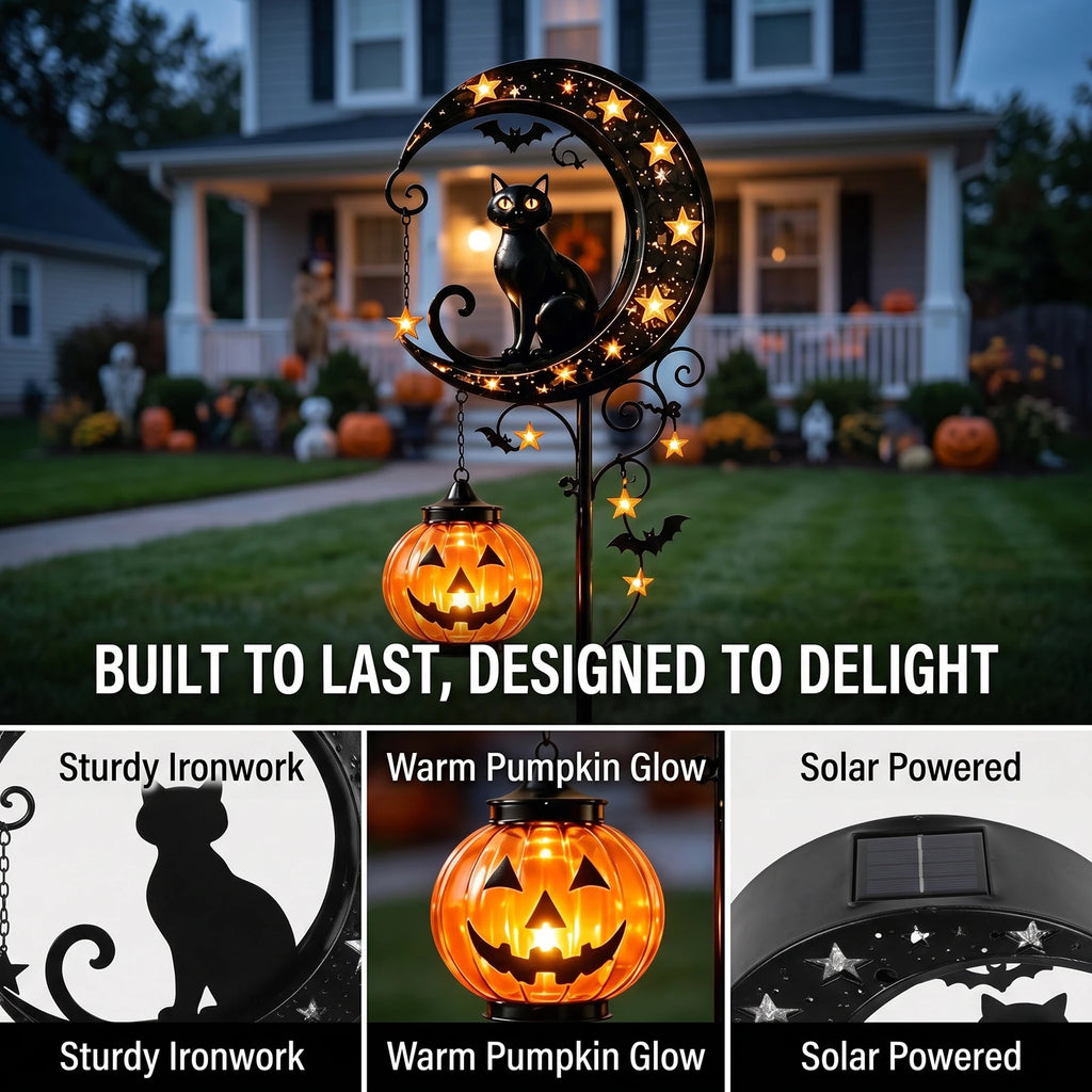 Iron Black Cat Moon Ground Lamp Waterproof Solar-Powered Garden Light with Auto On/Off Solar Garden Lights for Yard/Patio Decor Qme