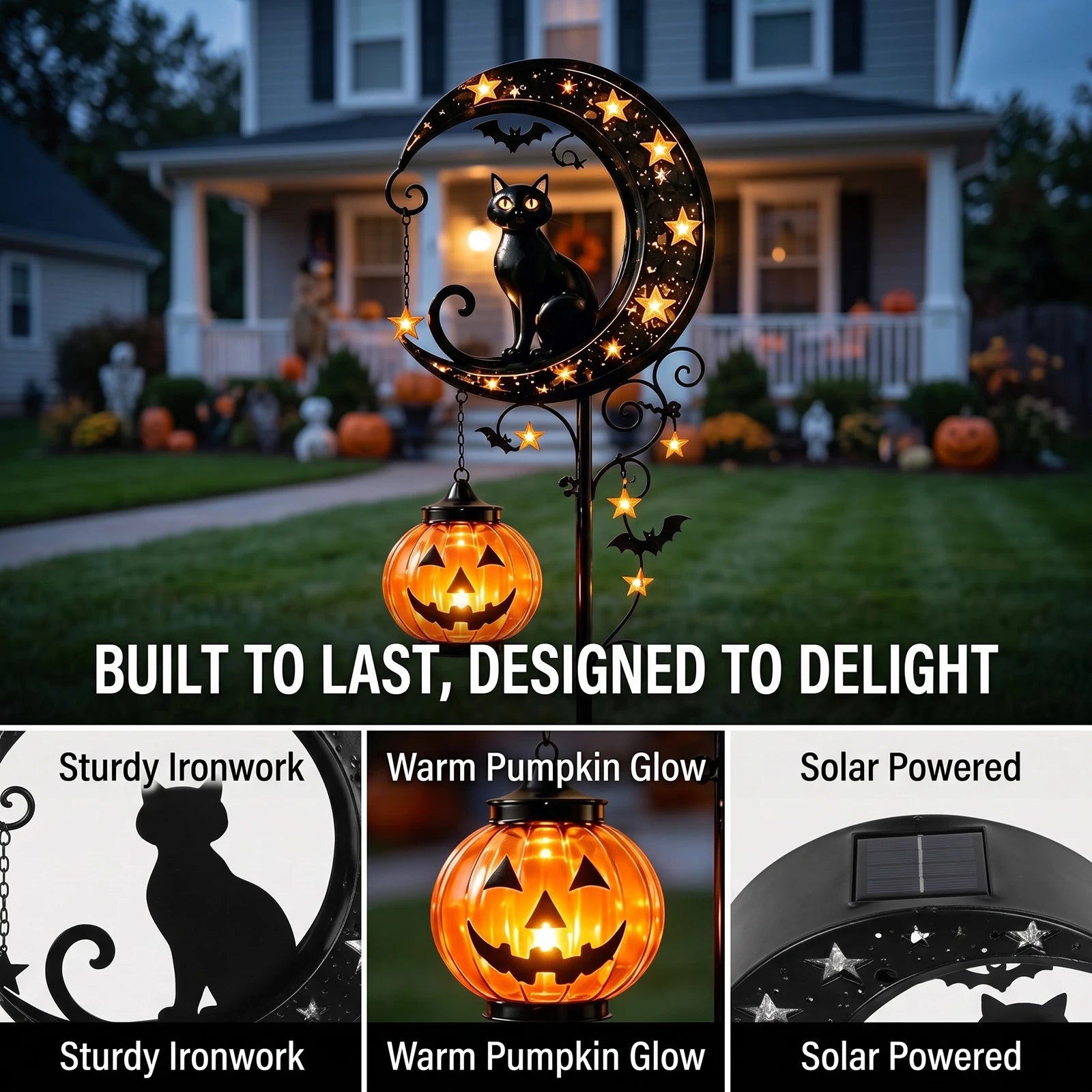 Iron Black Cat Moon Ground Lamp Waterproof Solar-Powered Garden Light with Auto On/Off Solar Garden Lights for Yard/Patio Decor Qme