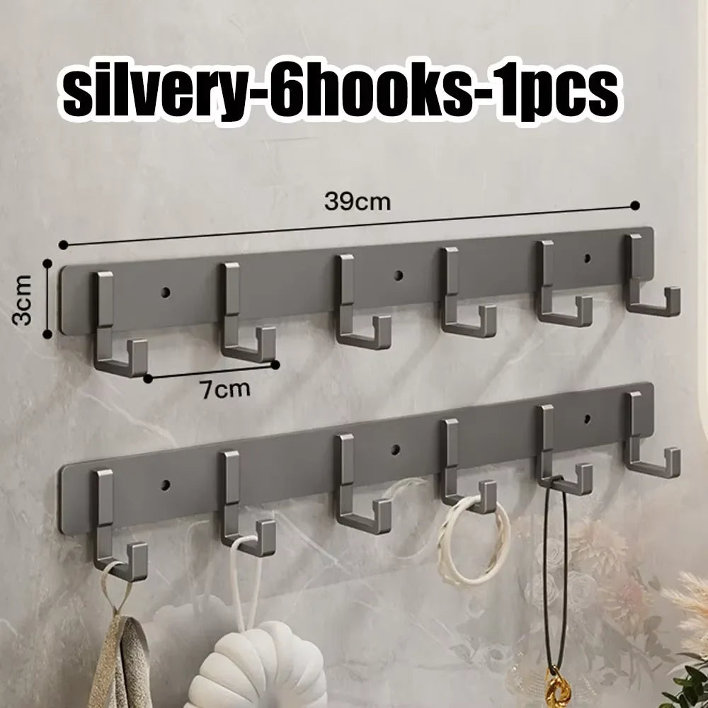 Elegant Simple Aluminum Alloy Wall Hook No Drill Design for Office Coat Umbrella and Personal Work Item Wall Hanging Use Qme silvery-6hooks-1pcs