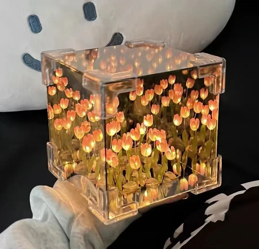 Creative Diy Tulip Flower Sea Cube Three-dimensional Small Night Lamp Qme Pink