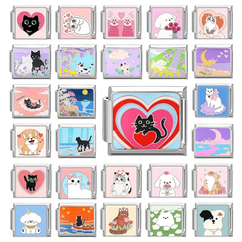 New Cute Colored Love Heart Cat Italian Charm Fit 9mm Stainless Steel Women DIY Bracelet Drop Shipping Fashion Jewelry Wholesale Qme