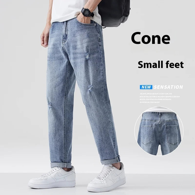 Light-washed Loose Fit Men's Straight Leg Casual Nine-point Jeans with Tapered Ripped Long Pants Stretchy Summer Qme