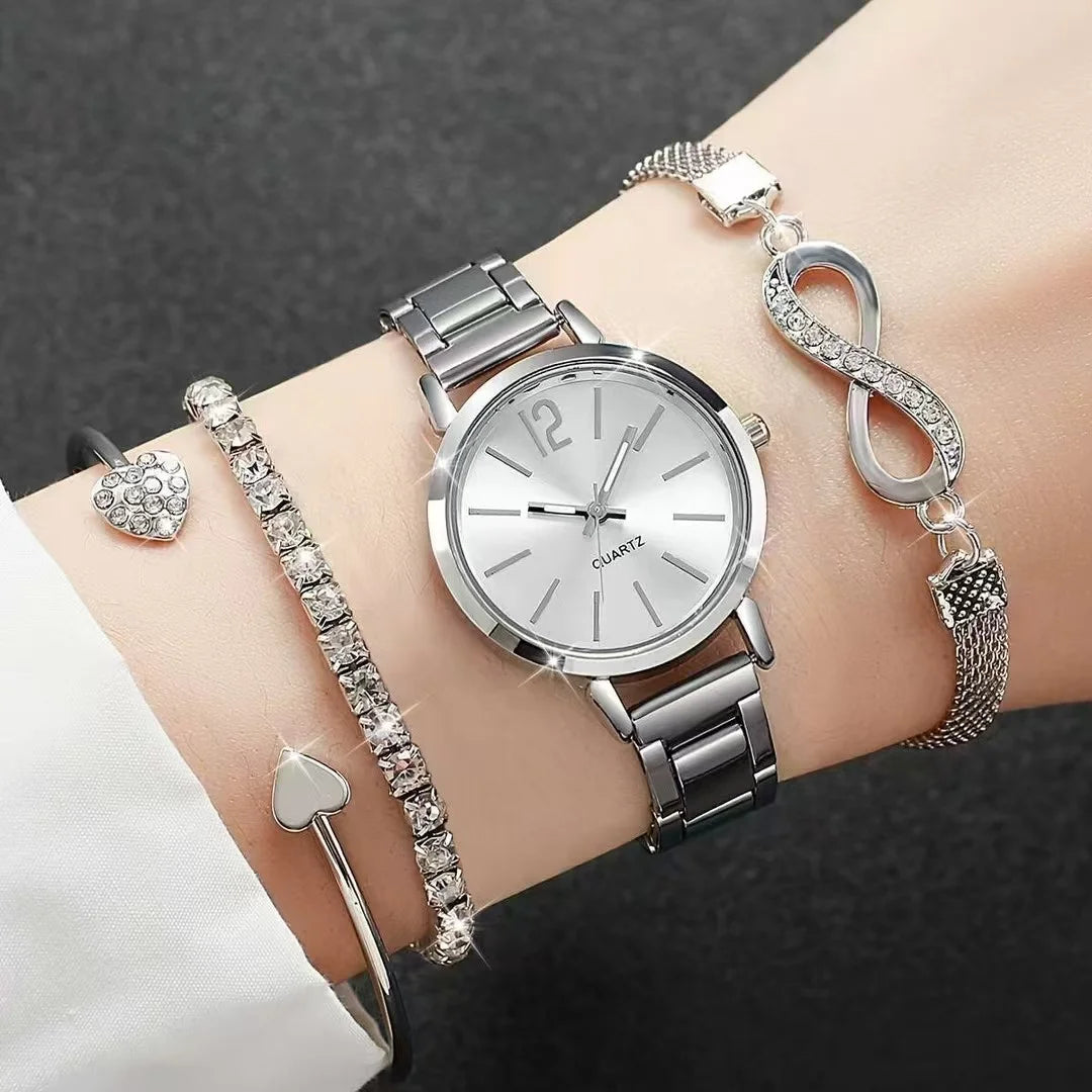 4 Pcs Women's Watches Fashion Small Dial Ladies Quartz Watch Gold Band Steel Wrist Watches Bracelets Set Watch Mujer Qme Silver
