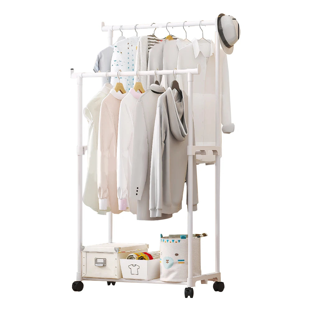 Double Rods Garment Rack Portable Clothes Organizer Clothes Rack with Wheels Clothes Hanging Rack for Shirt Coat Qme White