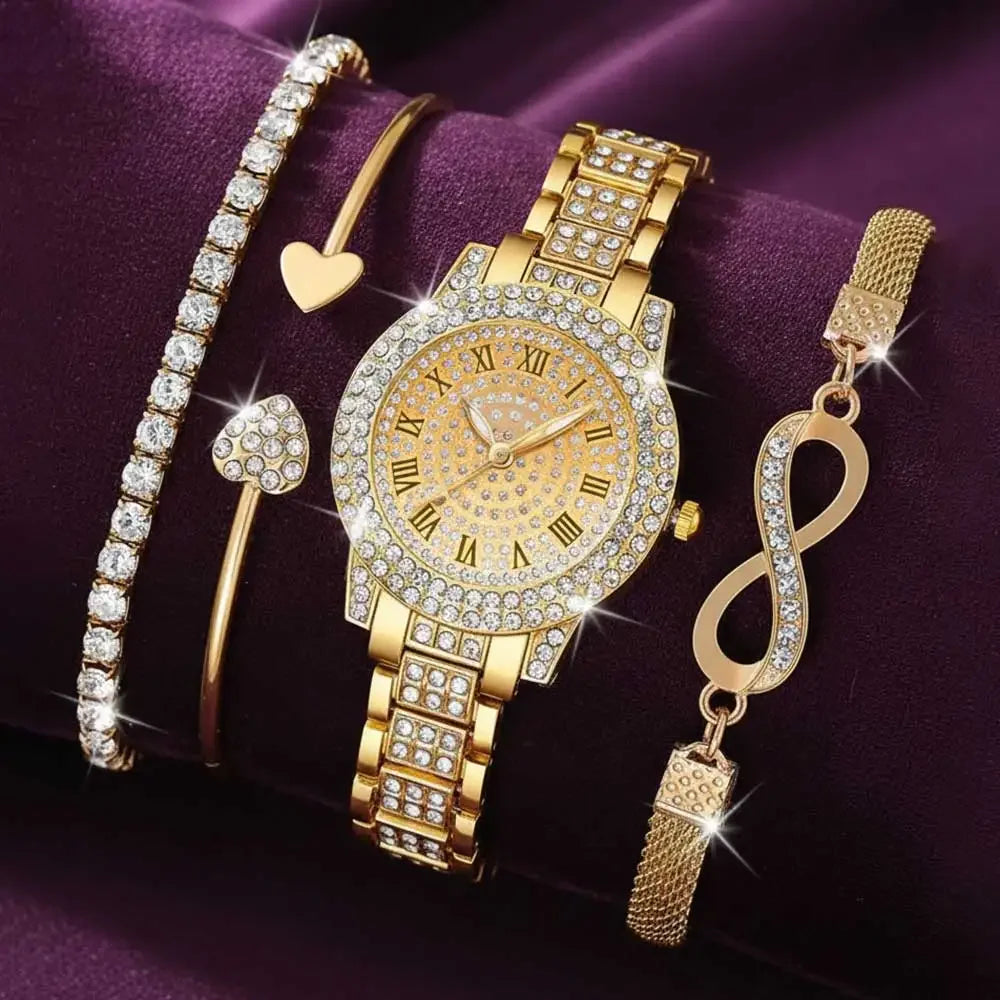 4 Pieces Fashionable Luxury Women's Watch Set with Rhinestone Roman Numbers Round Dial Watch Quartz Bracelet Perfect Gift Set Qme Gold Yes