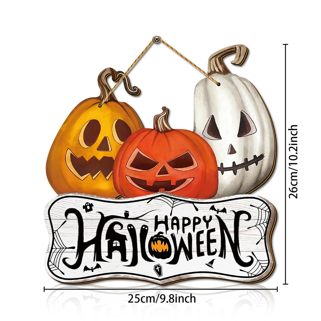 Halloween Wooden Wall Hanging Sign - "Happy Halloween" Orange, Yellow, White Jack Pumpkin Decoration, Halloween Decoration Qme