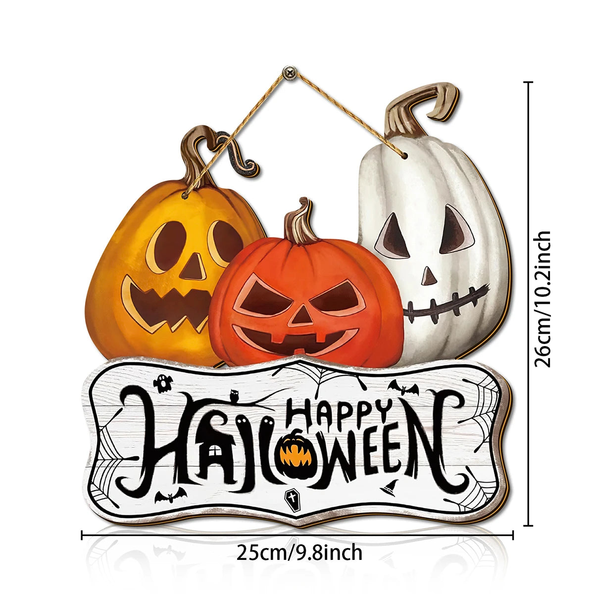 Halloween Wooden Wall Hanging Sign - "Happy Halloween" Orange, Yellow, White Jack Pumpkin Decoration, Halloween Decoration Qme