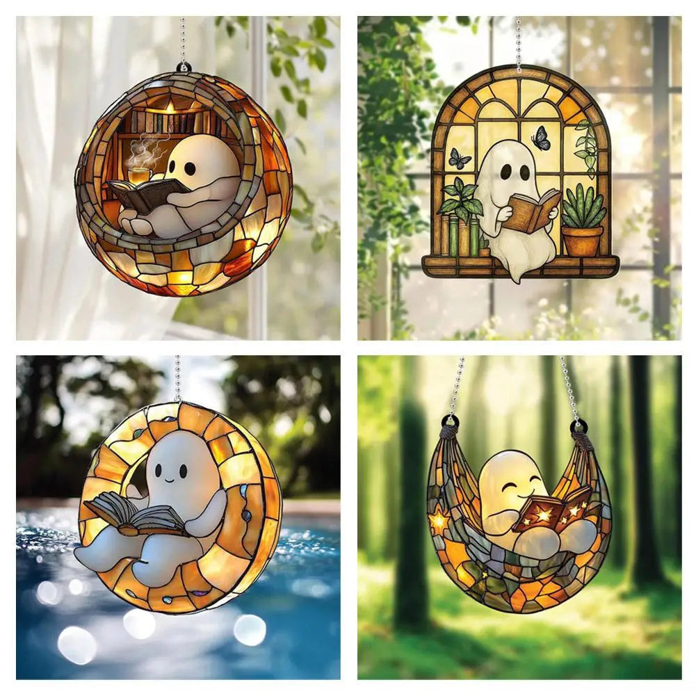 2D Halloween Ghost Reading Book Suncatcher Hanging Decor Acrylic Window Hanging Ornament Colorful Shadow Home Decorations Qme