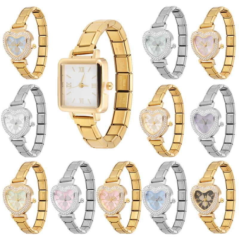 Wholesale Square Heart Watch Men Women's DIY 9MM Width Italian Elastic Charm Stainless Watch Header Linker Bracelet Jewelry Gift Qme