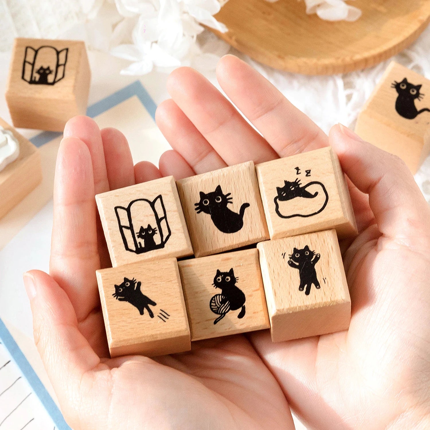 Cute Little Black Cat Decoration Stamp Retro Wooden Rubber Stamps for Scrapbooking Stationery DIY Decorative Craft Standard Seal Qme