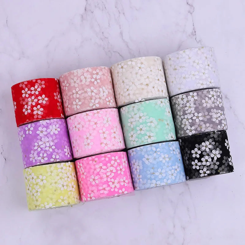 6cm 5Yards Floret Tulle Daisy Ribbon Roll DIY Craft Ribbons for Gift Bow Packaging Cherry Blossoms Printed Mesh Fabric Supplies Qme