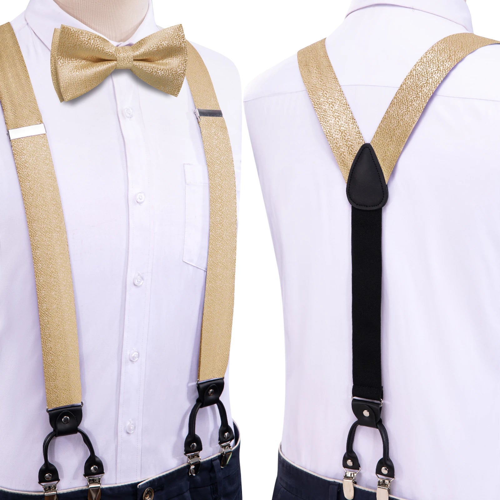 Hi-tie Silk Mens Braces Bowtie Hanky Cufflinks Y Back Clip Adjustable