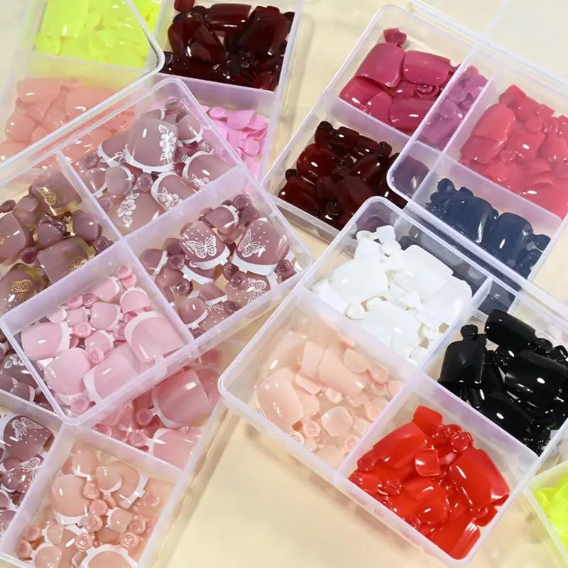 4 Grid Short Square False Toenail Tips Full Cover Artificial Fake Qme