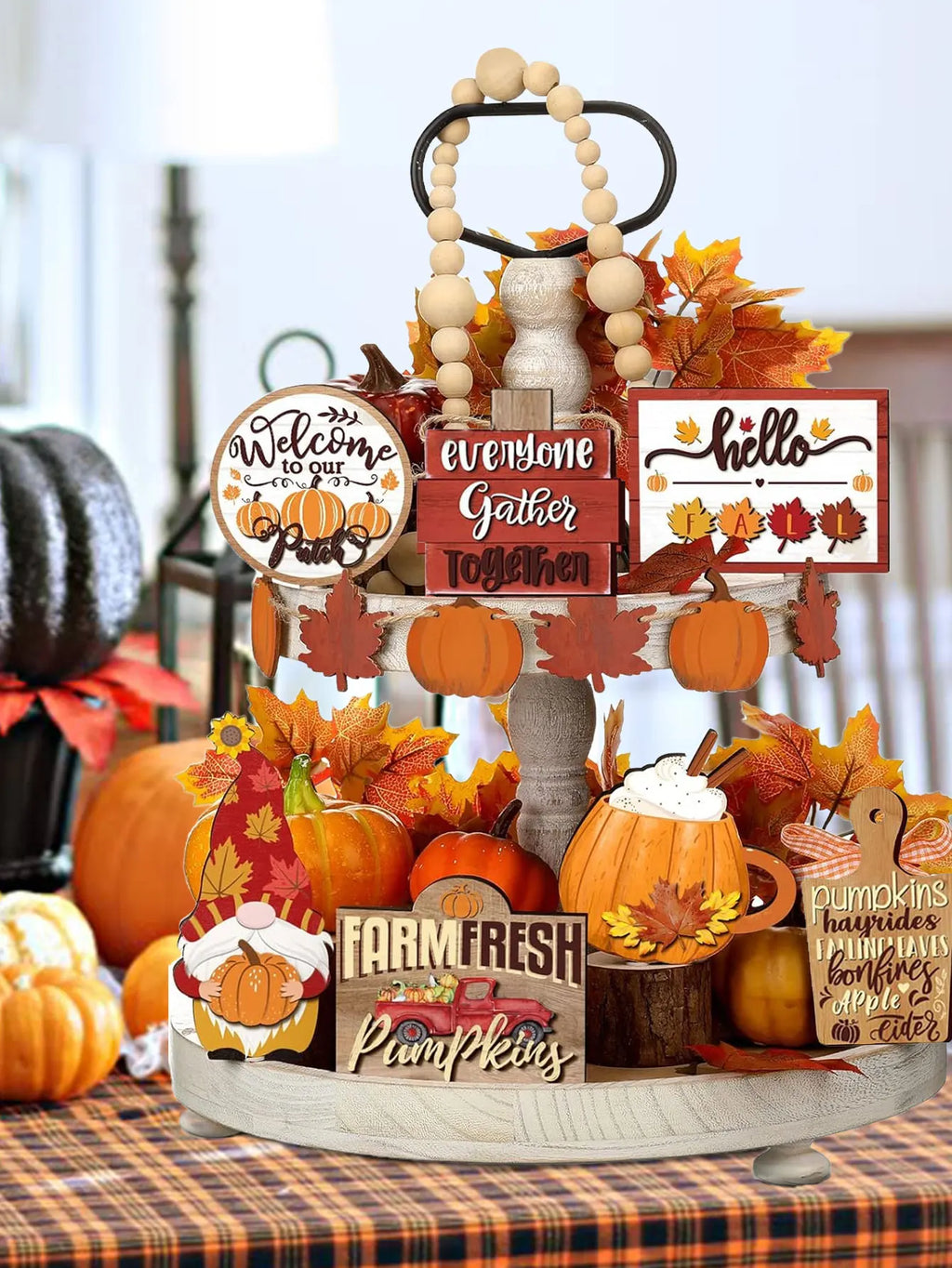 Fall Harvest Wooden Tiered Tray Decor Set - Farmhouse Autumn Centerpieces with Pumpkin Spice and Maple Leaf Accents Qme