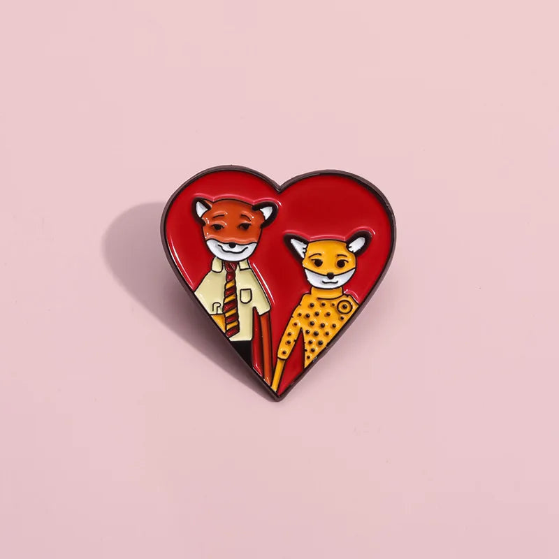 The Fantastic Mr Fox Couple Love Heart Brooch Enamel Pin Comedy Movies Badge Lapel Backpack Jewelry Gift for friend Wholesale Qme