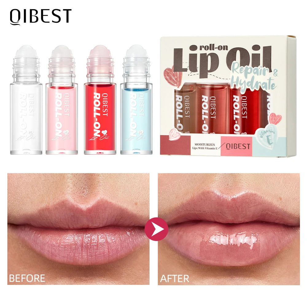 QIBEST 4Pcs Roll-On Lip Balm Moisturizing Clear Transparent Lip Oil Long Lasting Hydrating Rolling Bead Lip Gloss Woman Makeup Qme