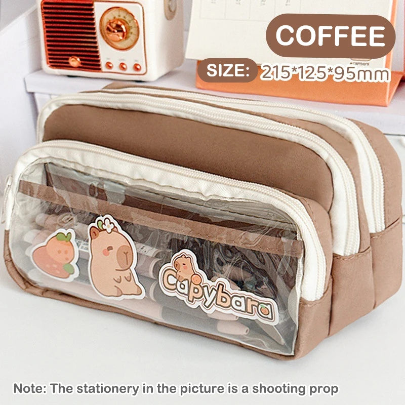 Chic Solid Pencil Case Korean Simplicity Transparent Pen Pouch Large Qme Brown