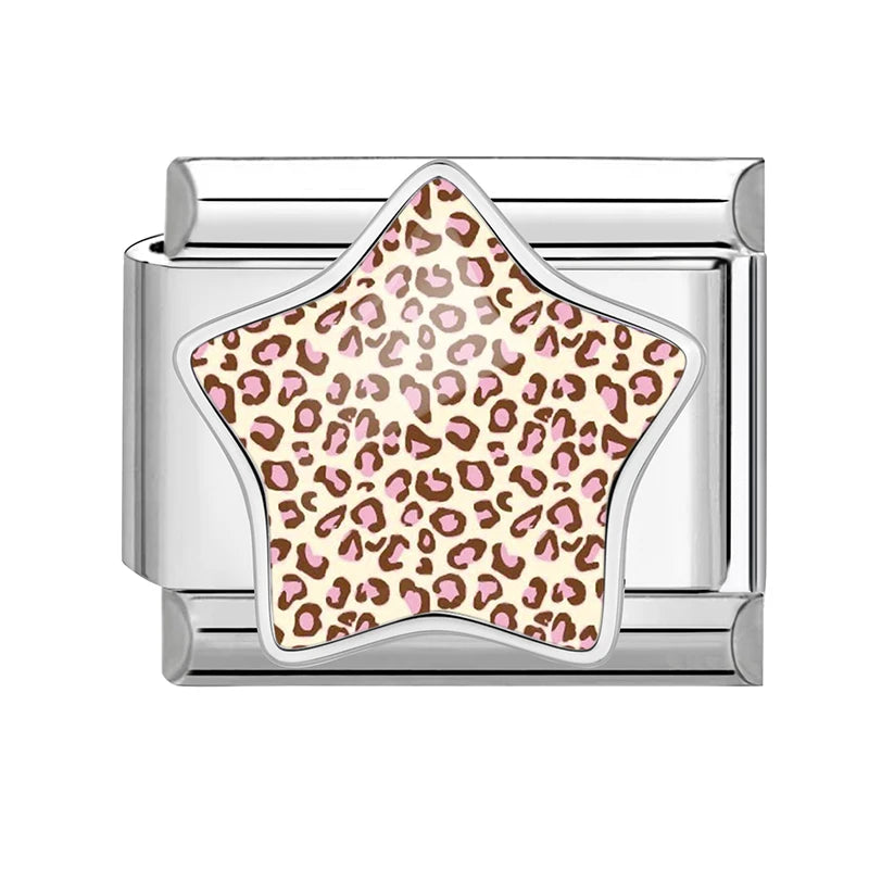 3D Inlay Stars Cute Zebra Stripe Stars Pink Blue Leopard Print Italian Charm Links Fit 9mm Stainless Steel Bracelet DIY Making Qme Style 13