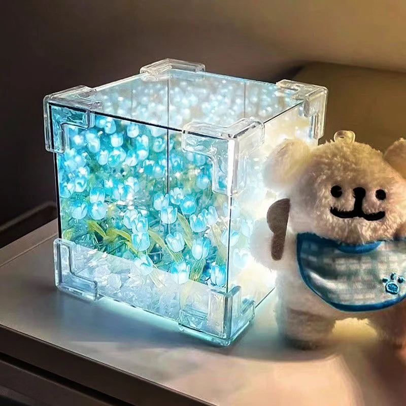 DIY Tulip Lamp Three-Dimensional Transparent Cuby Nightlight Lamp And Mirror 2 In 1 Anniversary Couple Gifts Bedroom Decorations Qme