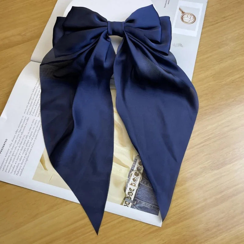 Elegant Women Bow Ribbon Hair Clip Fashion Simple Solid Satin Spring Qme Navy Blue