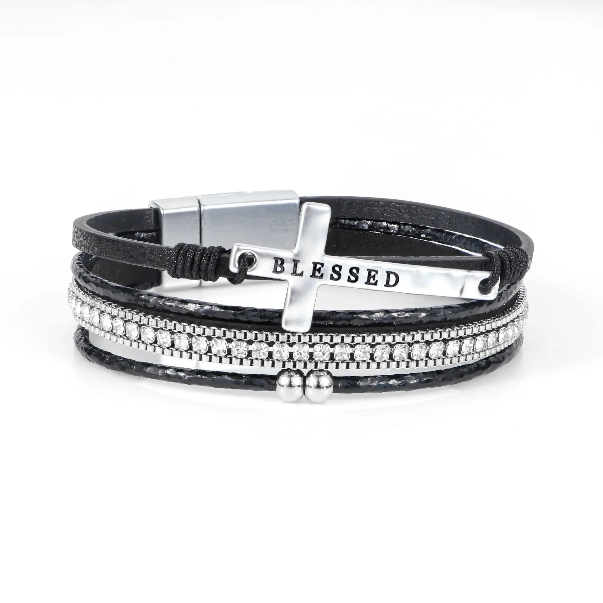 Vintage Bohemian Style Cross Multi-layer Bracelet New Punk Style Diamond Bracelet High-end Leather Bracelet for Women Qme Black