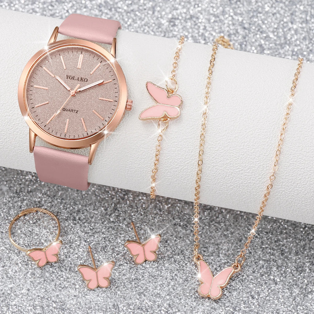 Fashion Starry Sky Women's Watch Quartz Watch with Leather Strap Qme pink 5pcs set