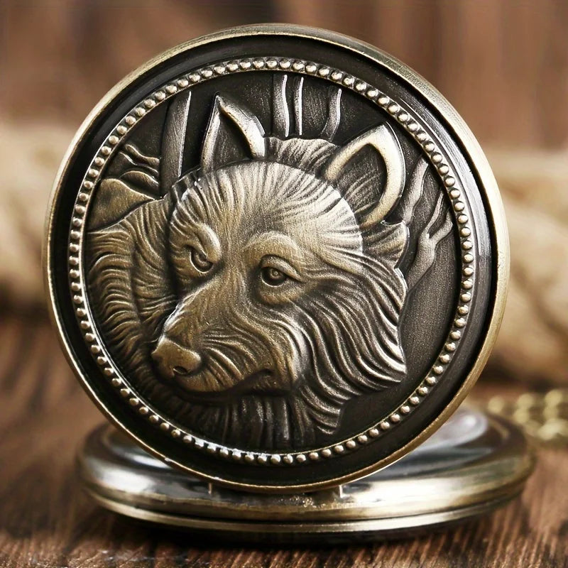 1pc Retro Bronze Wolf Necklace Pendant Quartz Pocket Watch Men's Gift Qme