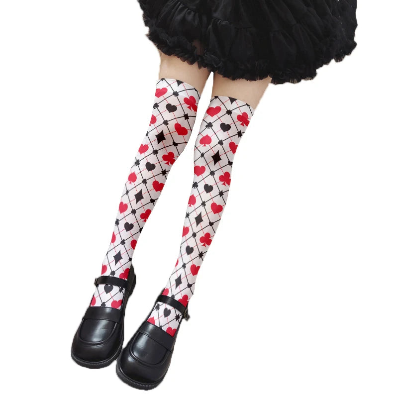 Fashionable Poker Pattern Thigh Stockings Ladies Sexy Love Plaid Qme style5 One Size