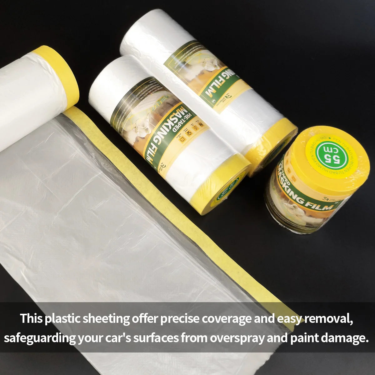 Pre-Taped Masking Film, Paint Adhesive Protective Film Roll for Covering Skirting, Frames, Cars and Auto Body Qme