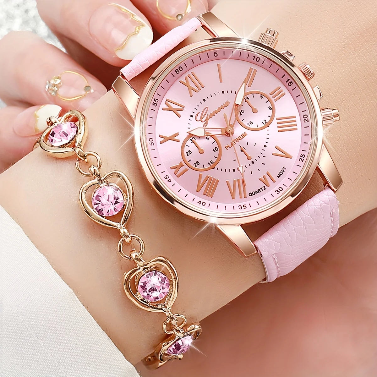 6PCS/Set Fashion Women's Quartz Watch Leather Band Analog Wrist Watches Heart Rhinestone Jewelry Set(Without Box) Qme