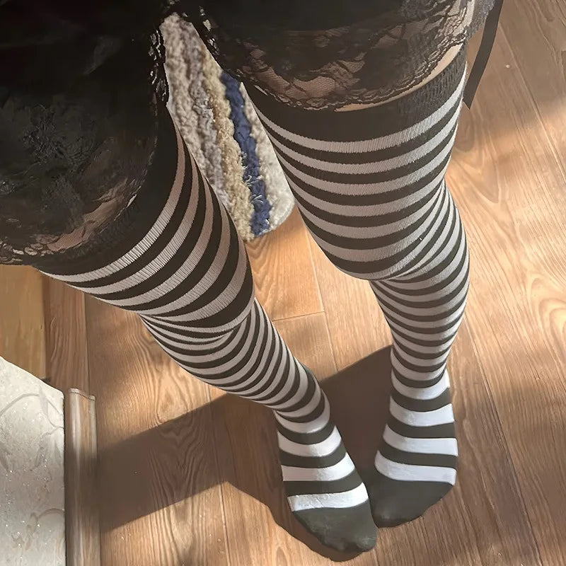 Women Striped Stockings Over Knee Length JK Long Socks Ladies Girls Qme