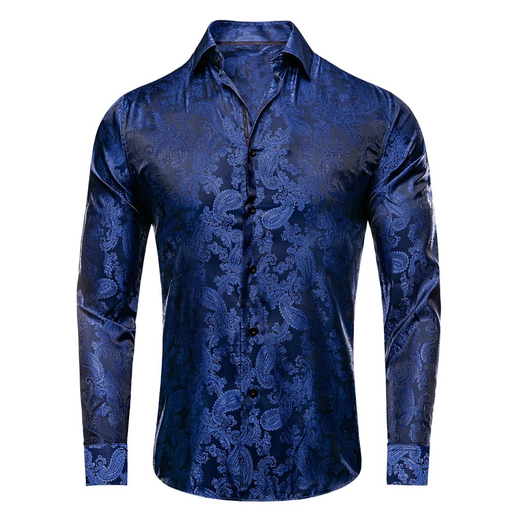 Hi-Tie Mens Shirts Silk Paisley Navy Blue Pink Black White Green Long Sleeve Lapel Shirt Casual Formal for Male Wedding Business Qme CY-1015 S