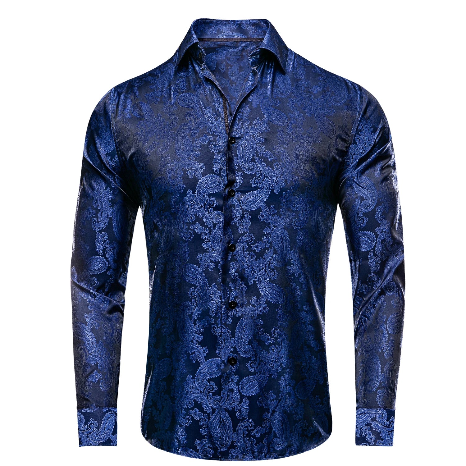 Hi-Tie Mens Shirts Silk Paisley Navy Blue Pink Black White Green Long Sleeve Lapel Shirt Casual Formal for Male Wedding Business Qme CY-1015 S