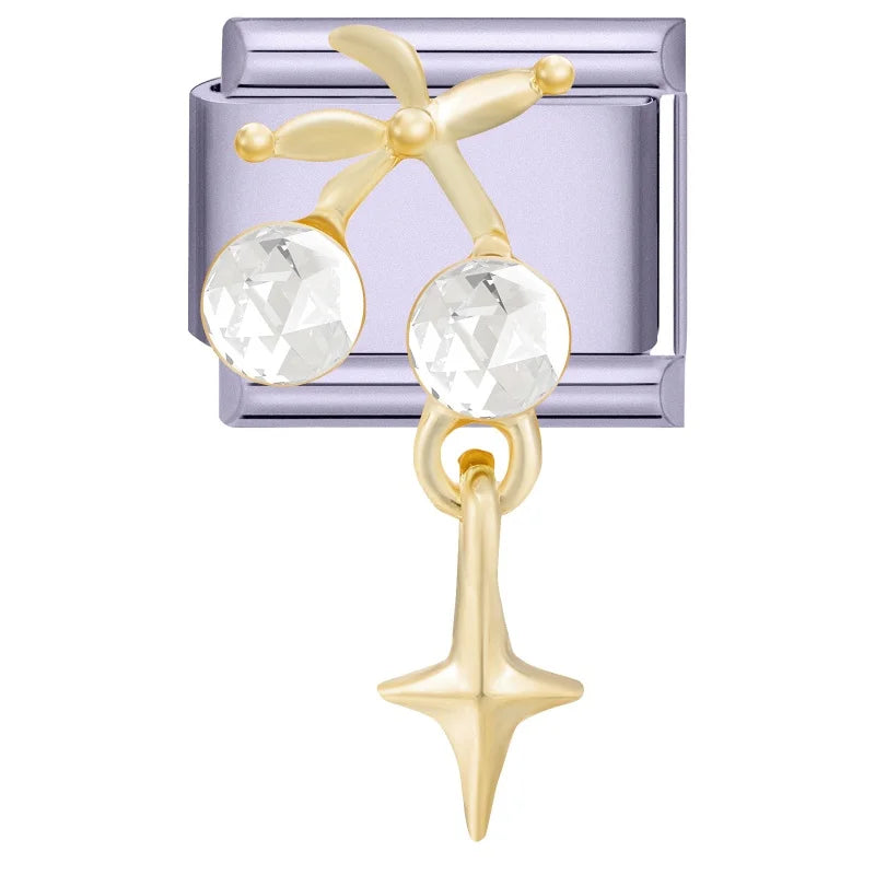 Sweet Shiny Gold Zircon Bow Moon Cherry Star Italian Charm Links Fit