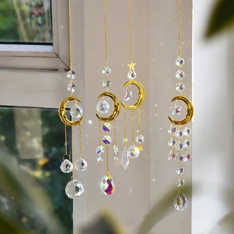 1pc Colored Crystal Wind Chime Moon Decorative Pendant Crystal Prism Hanging Gift SunCatcher For Garden Party Outdoor Home Decor Qme