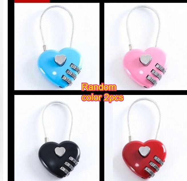 Heart Shaped 3 Digit Combination Lock, Steel Wire Rope Padlock Love Promise Lock For Luggage Backpack Jewelry Box Wedding Couple Qme Random color 2pcs