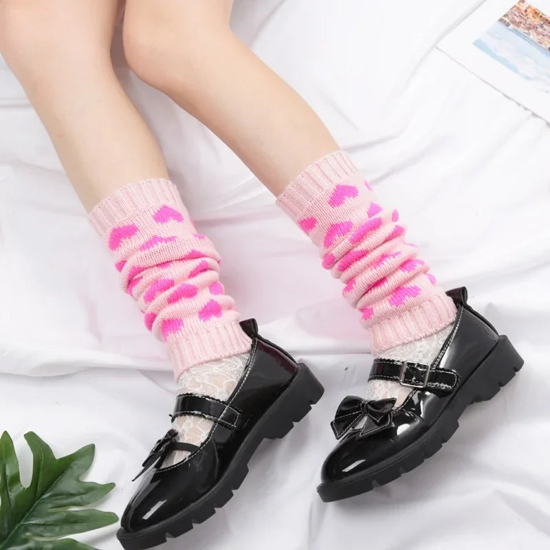 Y2K Woman Leg Warmers Japanese Lolita Autumn Winter Heart Black Knee Qme Pink Length-33cm