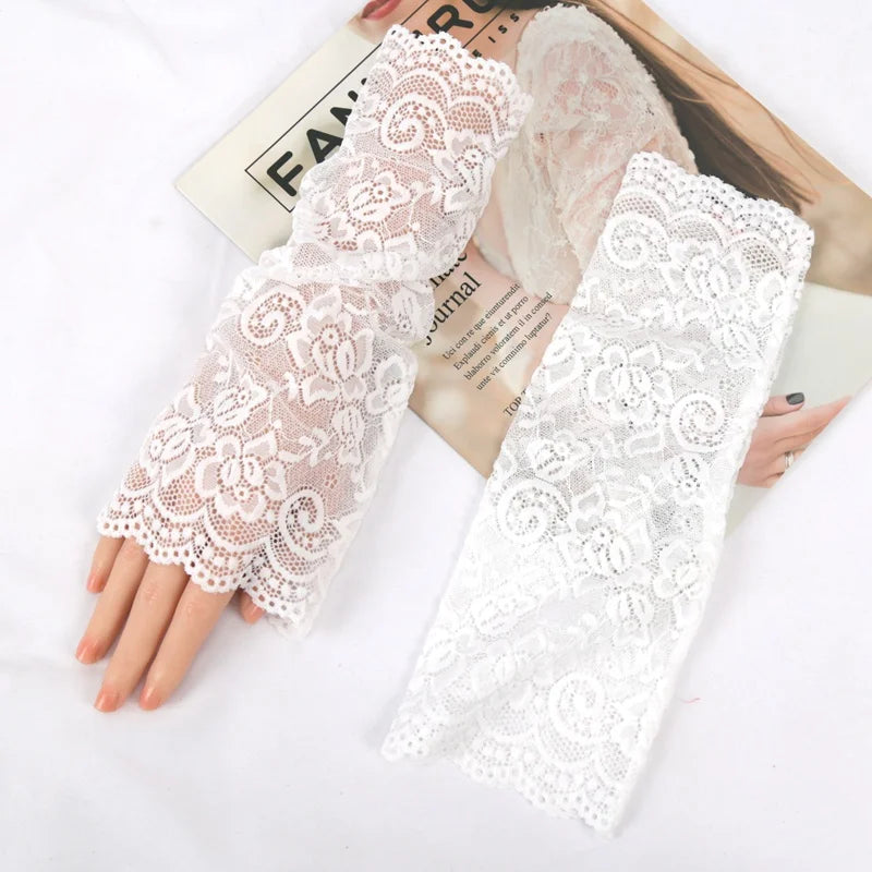 1 Pair Arm Sleeves Lace Sunscreen Short Gloves Ultra-thin UV Qme WHITE 29cm