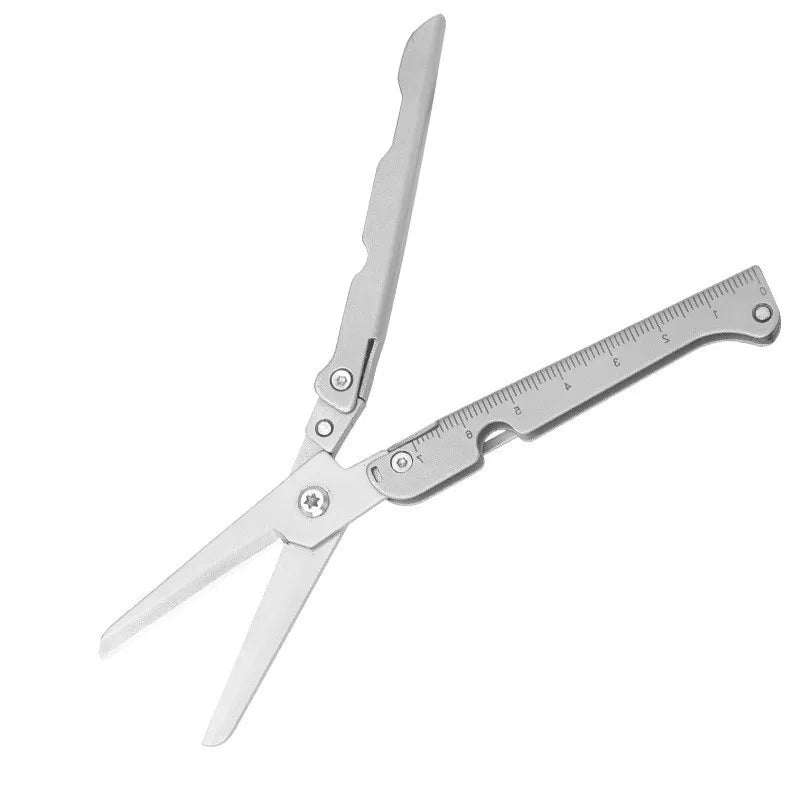 Compact 2-in-1 Foldable Scissor Tape Measuring Ruler-Stainless Steel, Lightweight, Portable, Suitable for EDC Camping, Survival Qme Silvery-1pc