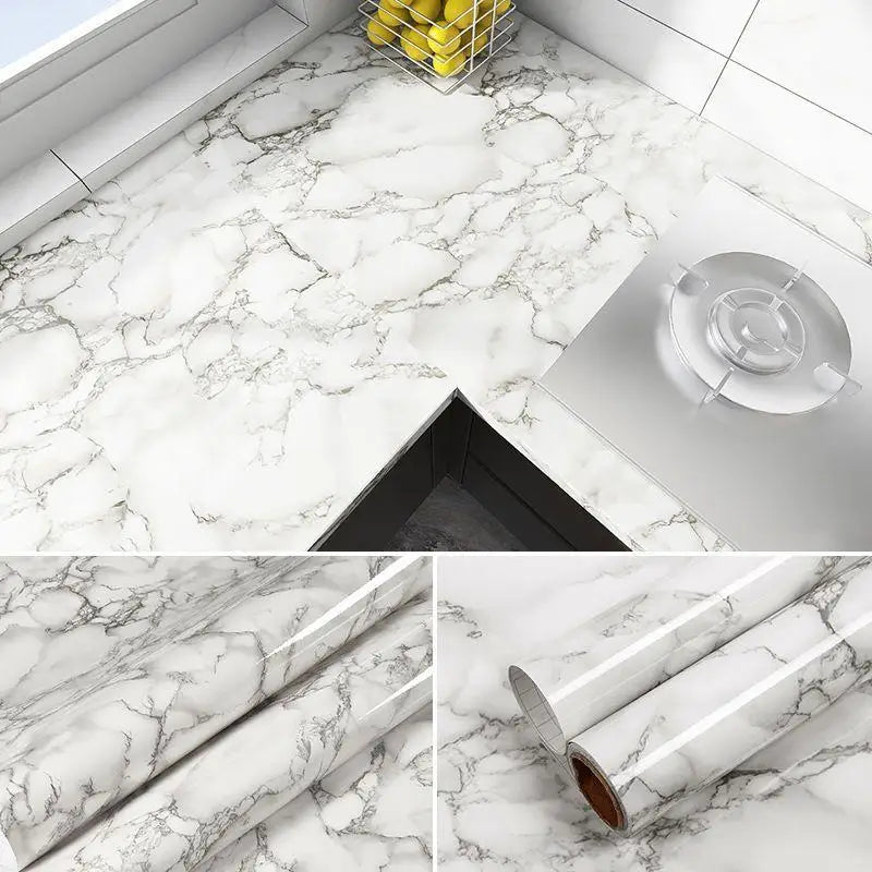 60cm Waterproof Oil Resistant Mold Resistant Self-Adhesive PVC Marble Wall Sticker for Kitchen Cabinets Countertops Wallpaper Qme Snow White 60cmX1m