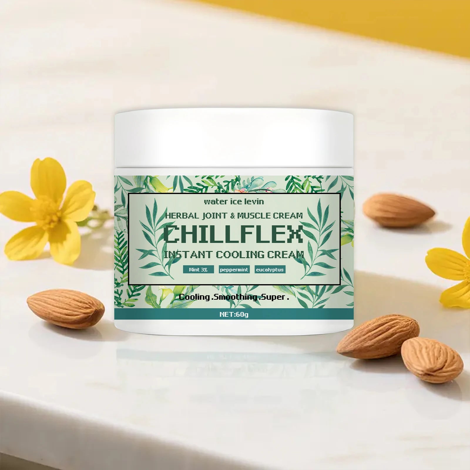 Water Ice Levin CHILLFLEH Cream: Instant Cooling Herbal Relief with Mint & Eucalyptus for Joints & Muscles. 60g. Qme