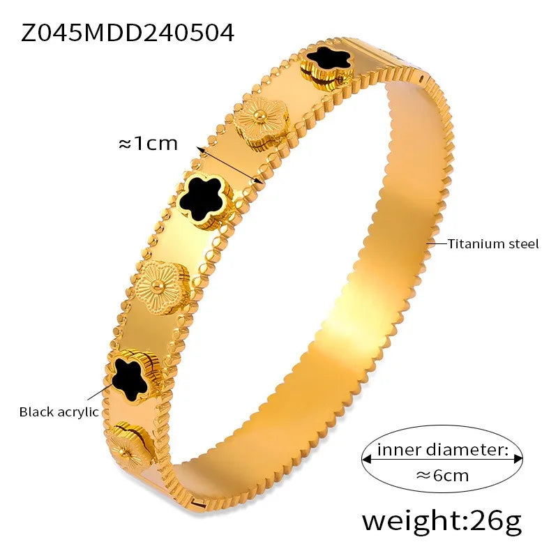 Unisex Gold/Silver Classic Stainless Steel Laser Five-Leaf Flower Open Bracelet & Bangles Simple For Woman Party Jewelry Clover Qme Gold 1