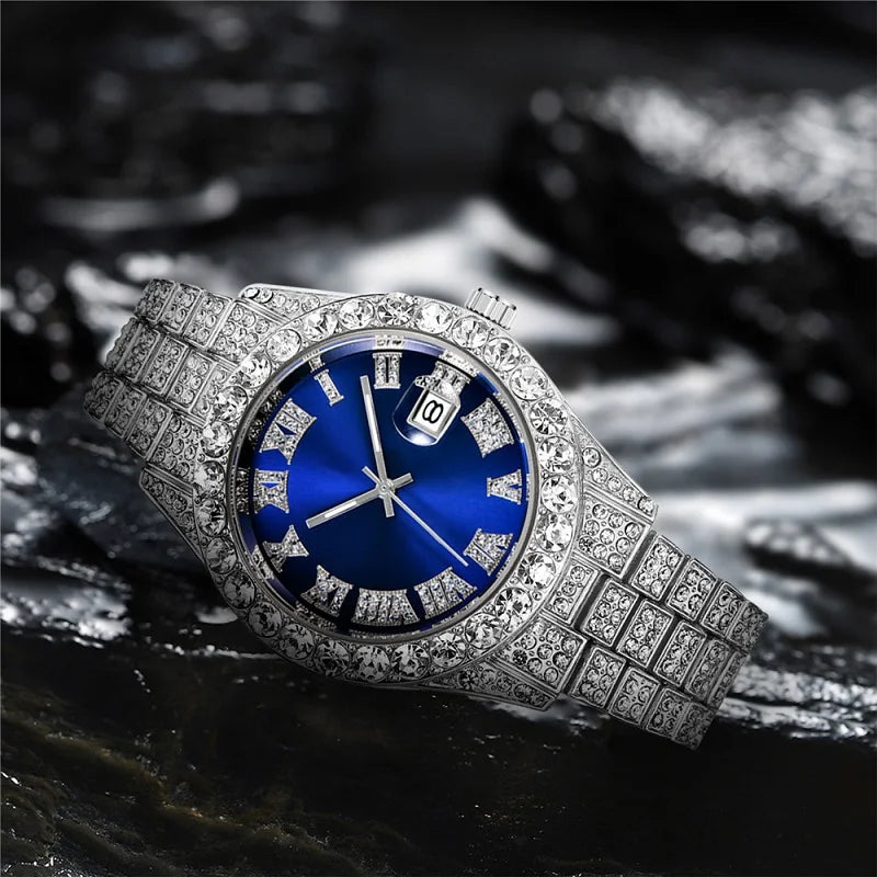 Hip hop Watch Male watch luxury water proof Brand watches Stainless steel Round Clock Men quartz wristwatches Gift boyfriend Qme silver blue