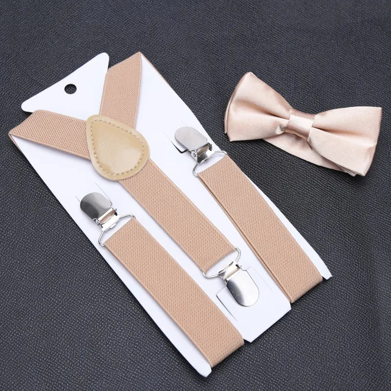 Kids Suspenders for Pants Bowtie Set Matching Tuxedo Suit Boy Girl Childs Black Adjustable Y-Back Brace Belt Wedding Accessories Qme Champagne